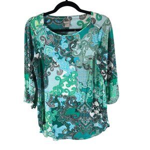 Chicos Womens Zenergy Paisley 3/4 Sleeve Tunic Top Green/Blue Size 1 US 8/10